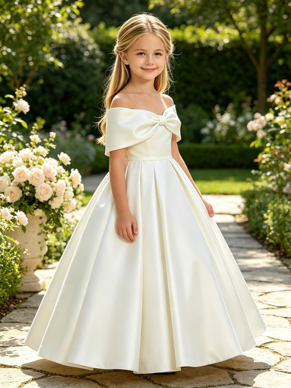 Girls Ivory Satin Flower Girl Dress Off-Shoulder A-Line with Bow for Wedding