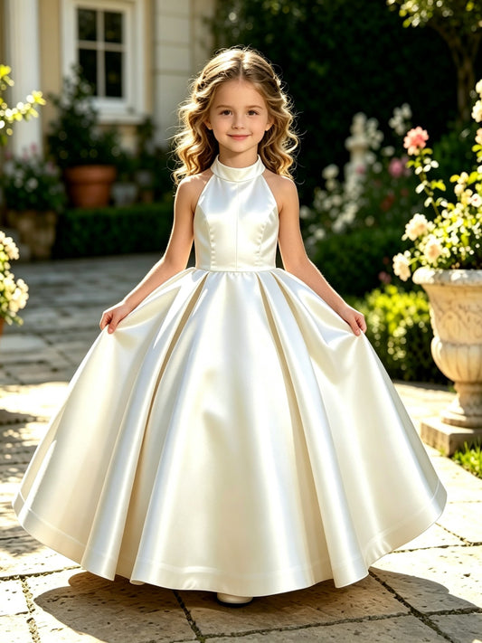 Girls White Satin Flower Girl Dress Halter Neck A-Line Ball Gown with Open Back Bow for Wedding