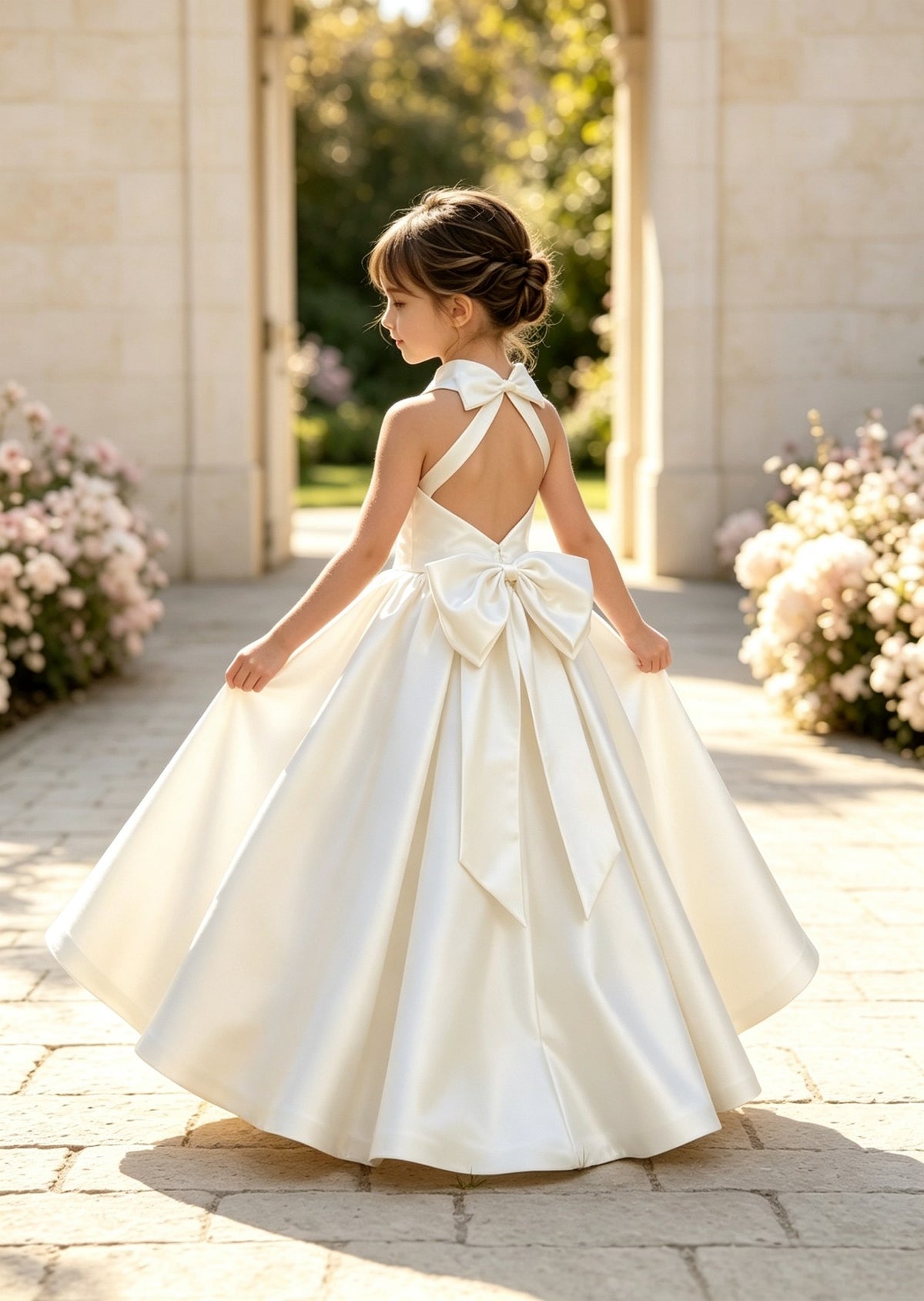 Girls White Satin Flower Girl Dress Halter Neck A-Line Ball Gown with Open Back Bow for Wedding