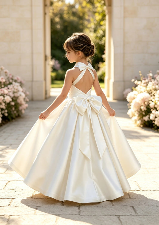 Girls White Satin Flower Girl Dress Halter Neck A-Line Ball Gown with Open Back Bow for Wedding