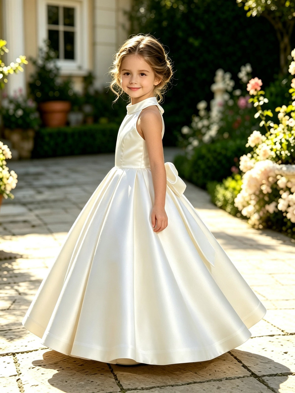Girls White Satin Flower Girl Dress Halter Neck A-Line Ball Gown with Open Back Bow for Wedding