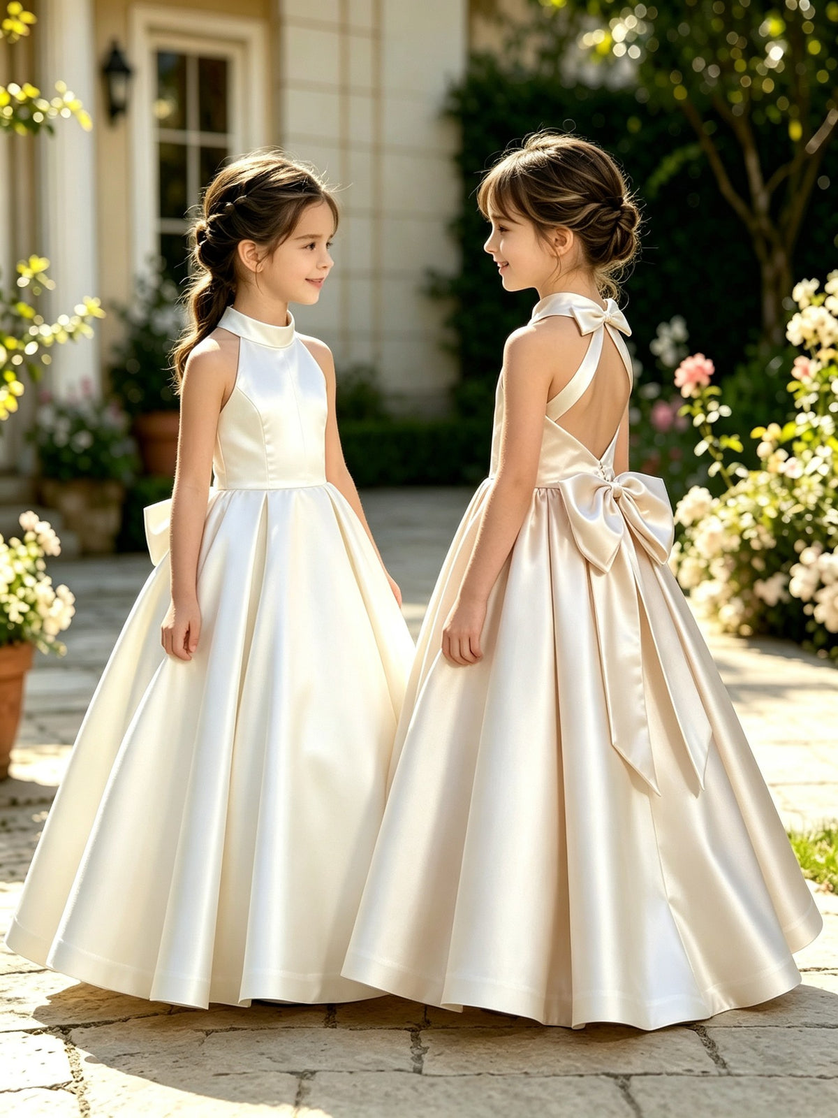 Girls White Satin Flower Girl Dress Halter Neck A-Line Ball Gown with Open Back Bow for Wedding