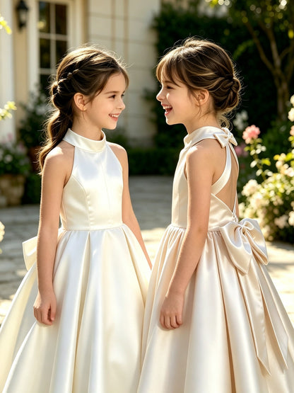 Girls White Satin Flower Girl Dress Halter Neck A-Line Ball Gown with Open Back Bow for Wedding