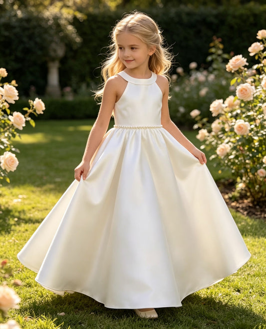 Girls White Satin Flower Girl Dress Halter Sleeveless A-Line with Pearl Waist and Keyhole Back Bow for Wedding