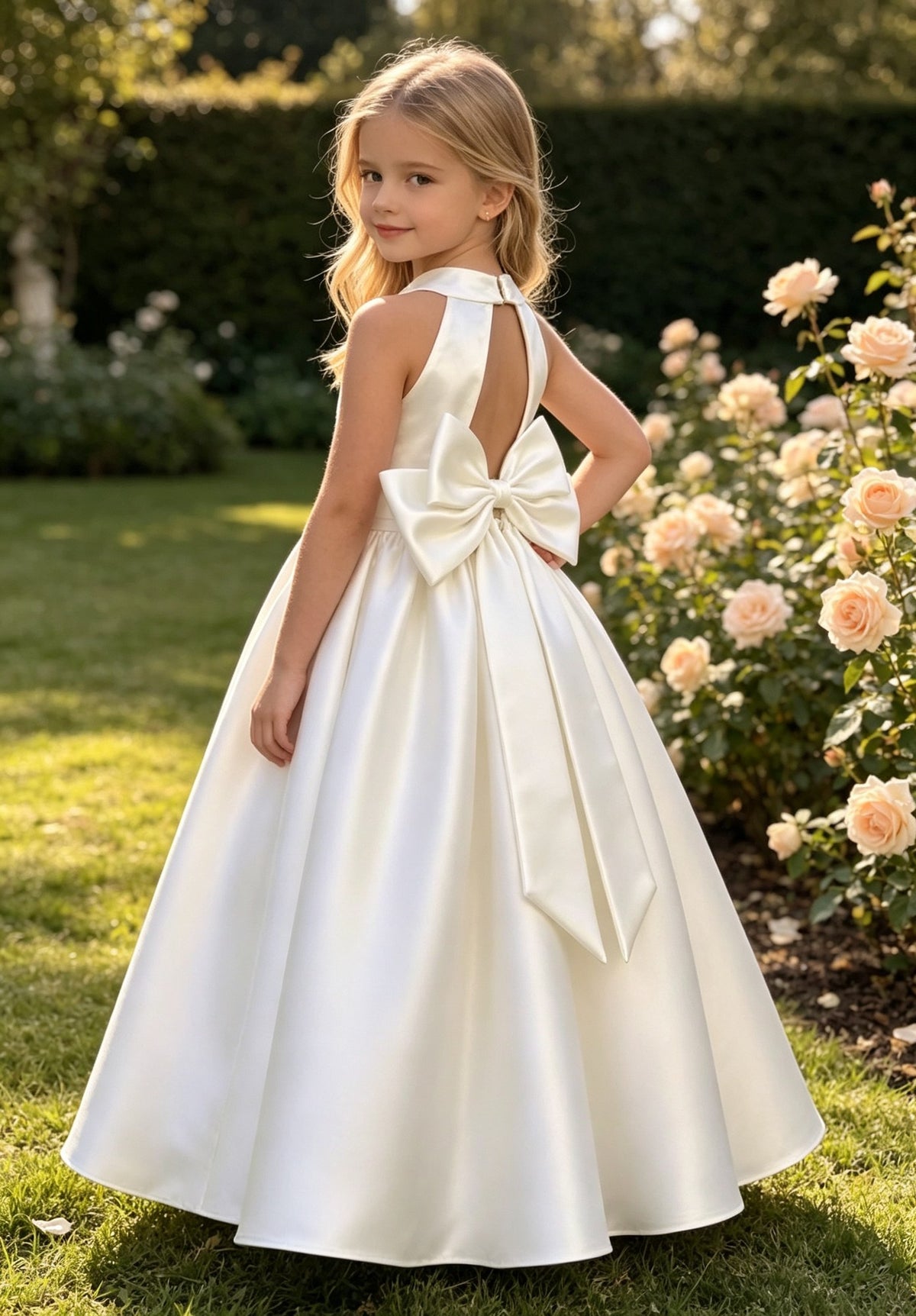Girls White Satin Flower Girl Dress Halter Sleeveless A-Line with Pearl Waist and Keyhole Back Bow for Wedding