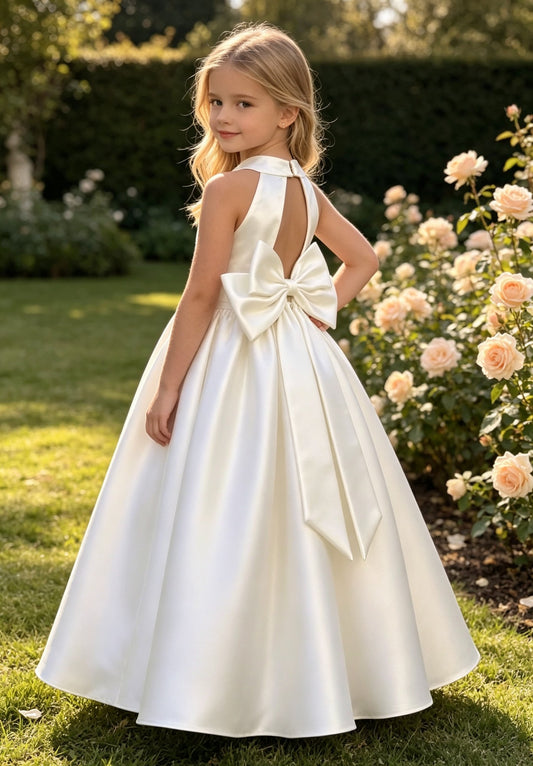 Girls White Satin Flower Girl Dress Halter Sleeveless A-Line with Pearl Waist and Keyhole Back Bow for Wedding