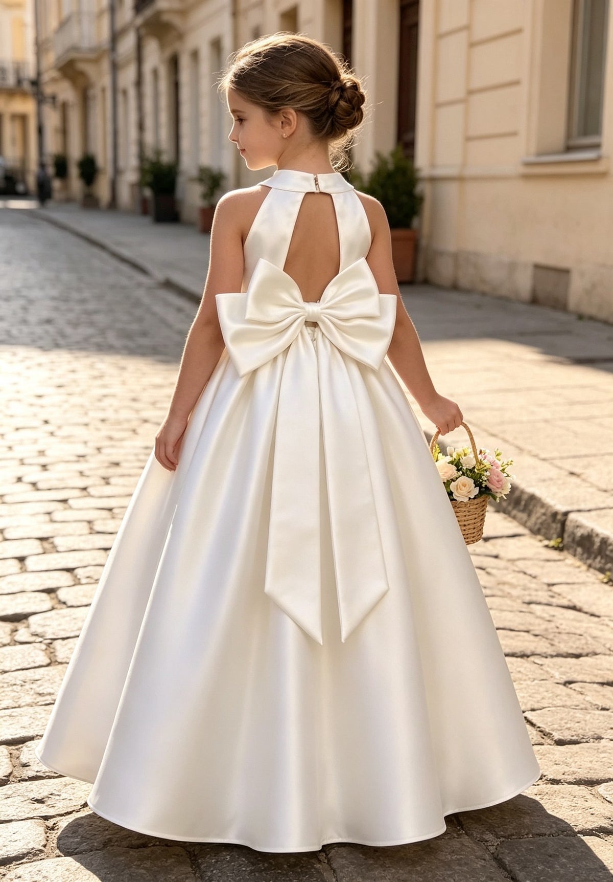 Girls White Satin Flower Girl Dress Halter Sleeveless A-Line with Pearl Waist and Keyhole Back Bow for Wedding