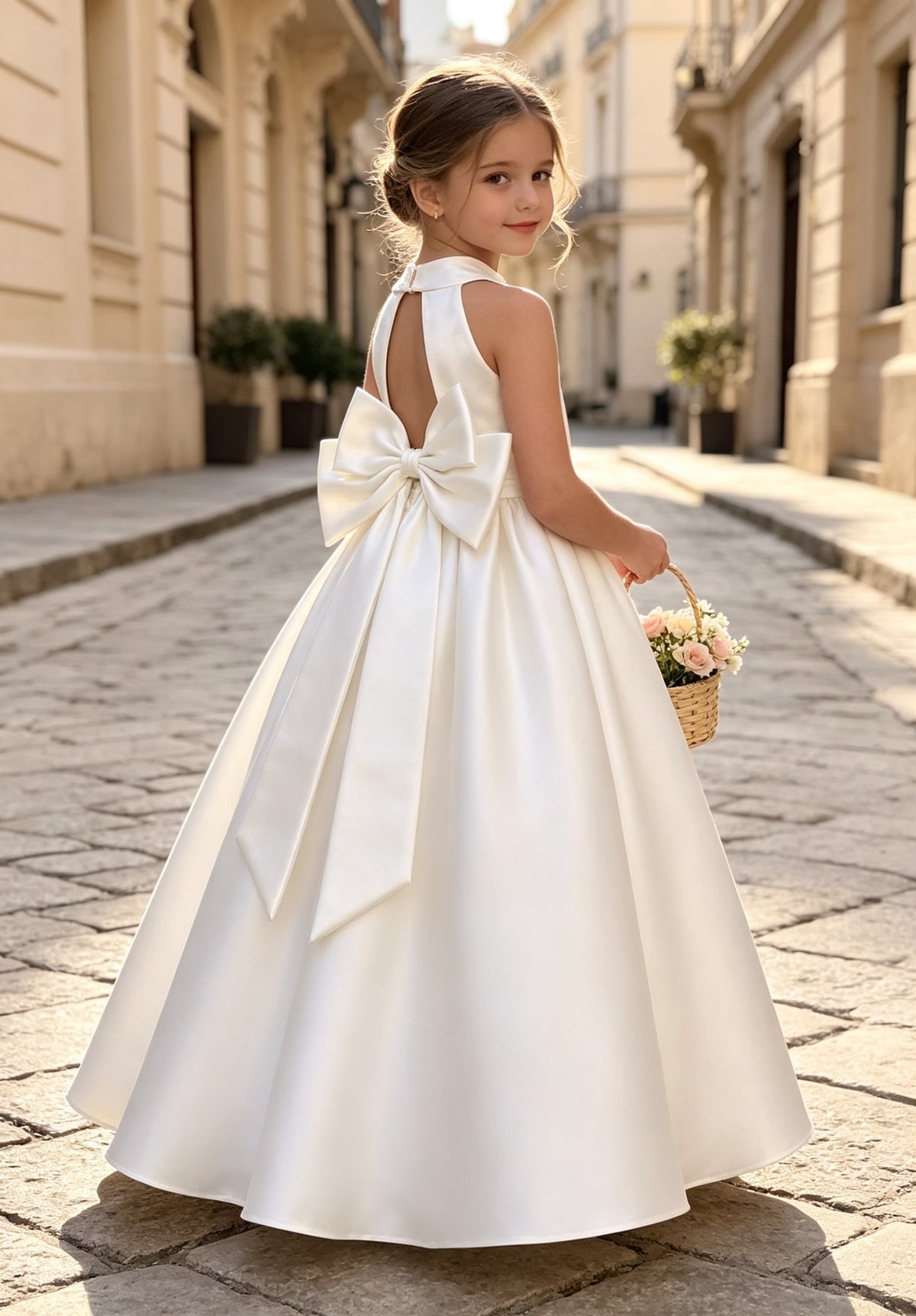 Girls White Satin Flower Girl Dress Halter Sleeveless A-Line with Pearl Waist and Keyhole Back Bow for Wedding