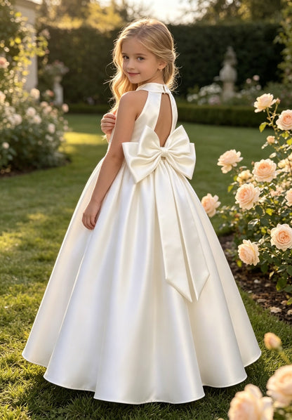 Girls White Satin Flower Girl Dress Halter Sleeveless A-Line with Pearl Waist and Keyhole Back Bow for Wedding