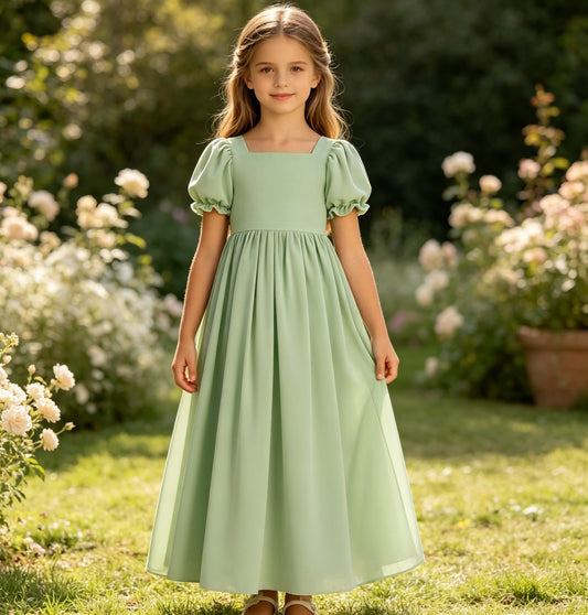 Girls Sage Chiffon Flower Girl Dress Puff Sleeve A-Line with Square Neck and Back Bow for Wedding