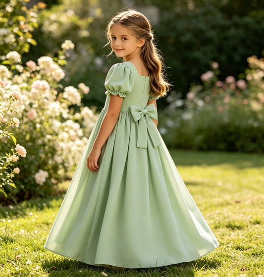 Girls Sage Chiffon Flower Girl Dress Puff Sleeve A-Line with Square Neck and Back Bow for Wedding