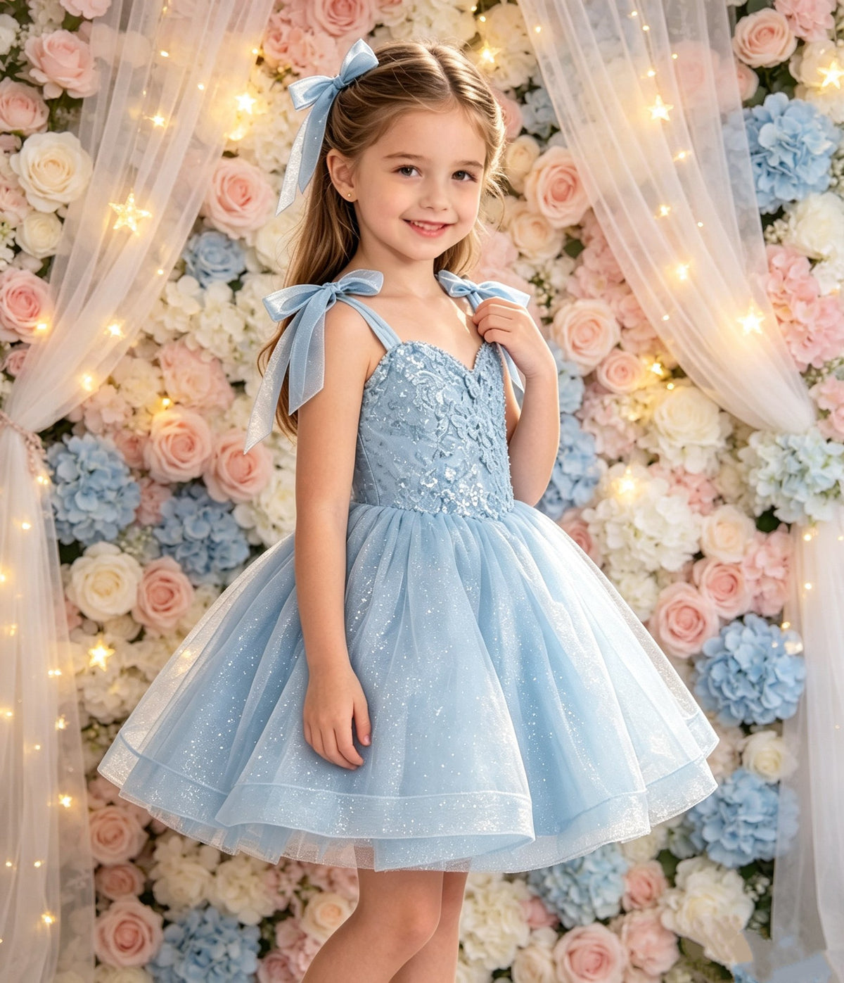 Girls Sky Blue Sparkly Tulle Flower Girl Dress Bow Straps Knee-Length A-Line with Sequin Lace Bodice and Lace-Up Back for Wedding