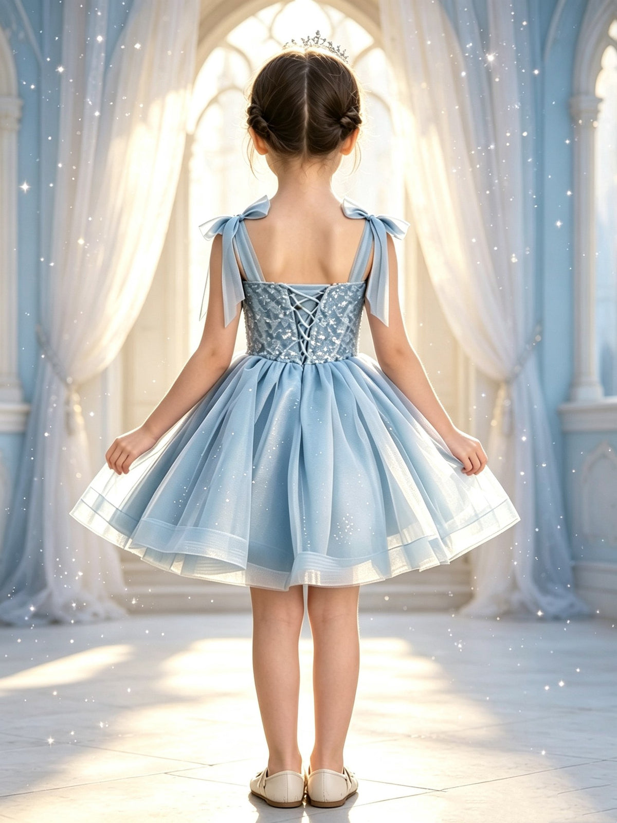 Girls Sky Blue Sparkly Tulle Flower Girl Dress Bow Straps Knee-Length A-Line with Sequin Lace Bodice and Lace-Up Back for Wedding