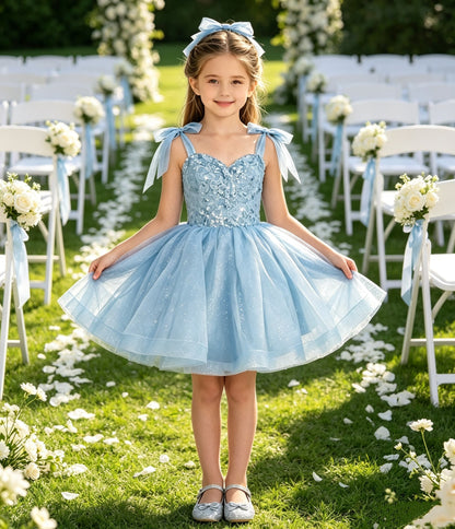 Girls Sky Blue Sparkly Tulle Flower Girl Dress Bow Straps Knee-Length A-Line with Sequin Lace Bodice and Lace-Up Back for Wedding