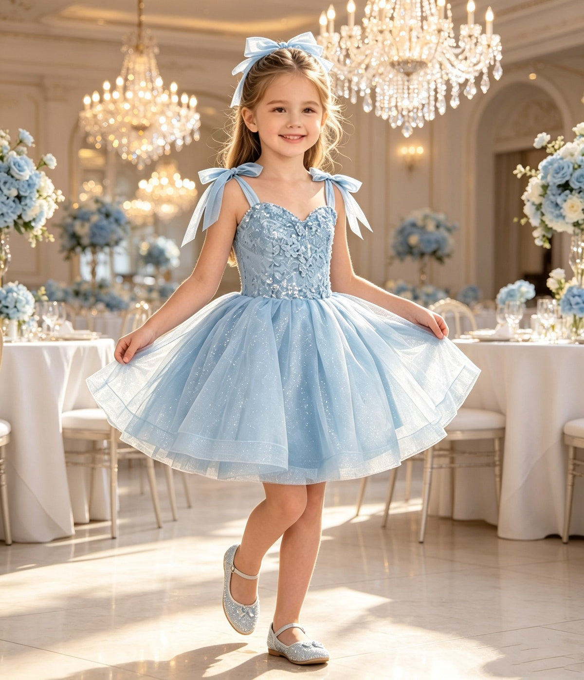 Girls Sky Blue Sparkly Tulle Flower Girl Dress Bow Straps Knee-Length A-Line with Sequin Lace Bodice and Lace-Up Back for Wedding