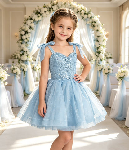 Girls Sky Blue Sparkly Tulle Flower Girl Dress Bow Straps Knee-Length A-Line with Sequin Lace Bodice and Lace-Up Back for Wedding