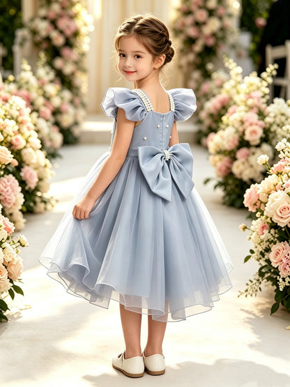Girls Dusty Blue Satin Tulle Flower Girl Dress Ruffle Sleeve Tea-Length A-Line with Pearl Straps and Back Bow for Wedding
