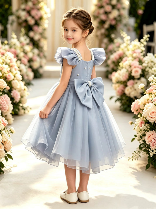 Girls Dusty Blue Satin Tulle Flower Girl Dress Ruffle Sleeve Tea-Length A-Line with Pearl Straps and Back Bow for Wedding