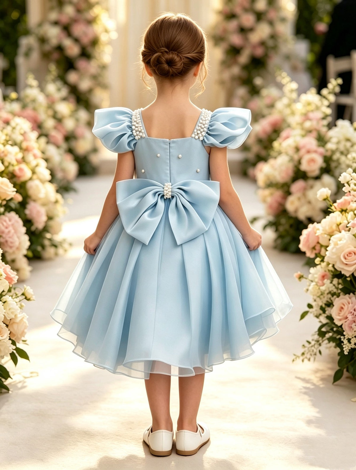 Girls Dusty Blue Satin Tulle Flower Girl Dress Ruffle Sleeve Tea-Length A-Line with Pearl Straps and Back Bow for Wedding