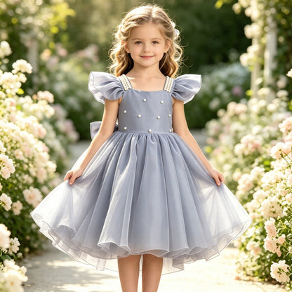 Girls Dusty Blue Satin Tulle Flower Girl Dress Ruffle Sleeve Tea-Length A-Line with Pearl Straps and Back Bow for Wedding