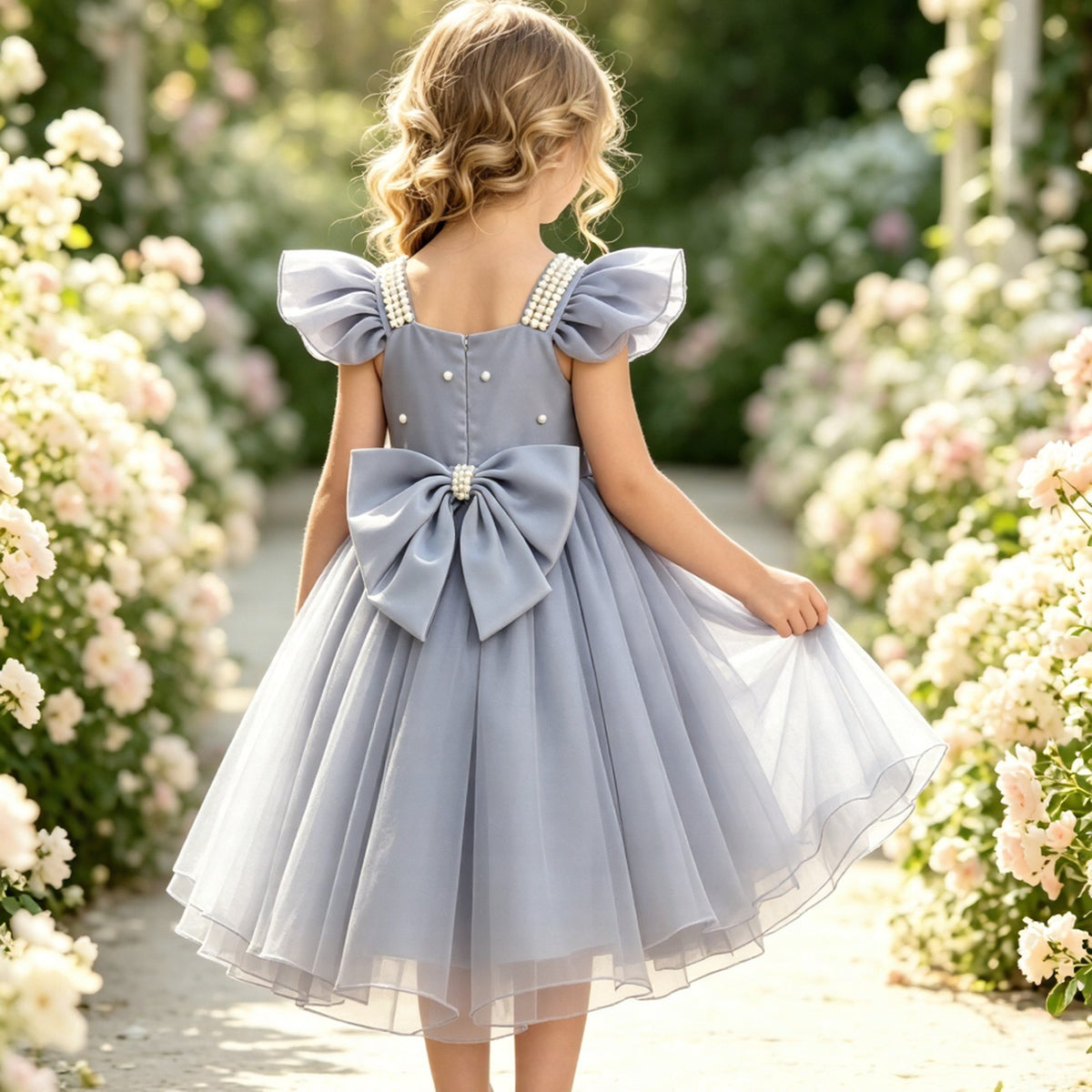 Girls Dusty Blue Satin Tulle Flower Girl Dress Ruffle Sleeve Tea-Length A-Line with Pearl Straps and Back Bow for Wedding