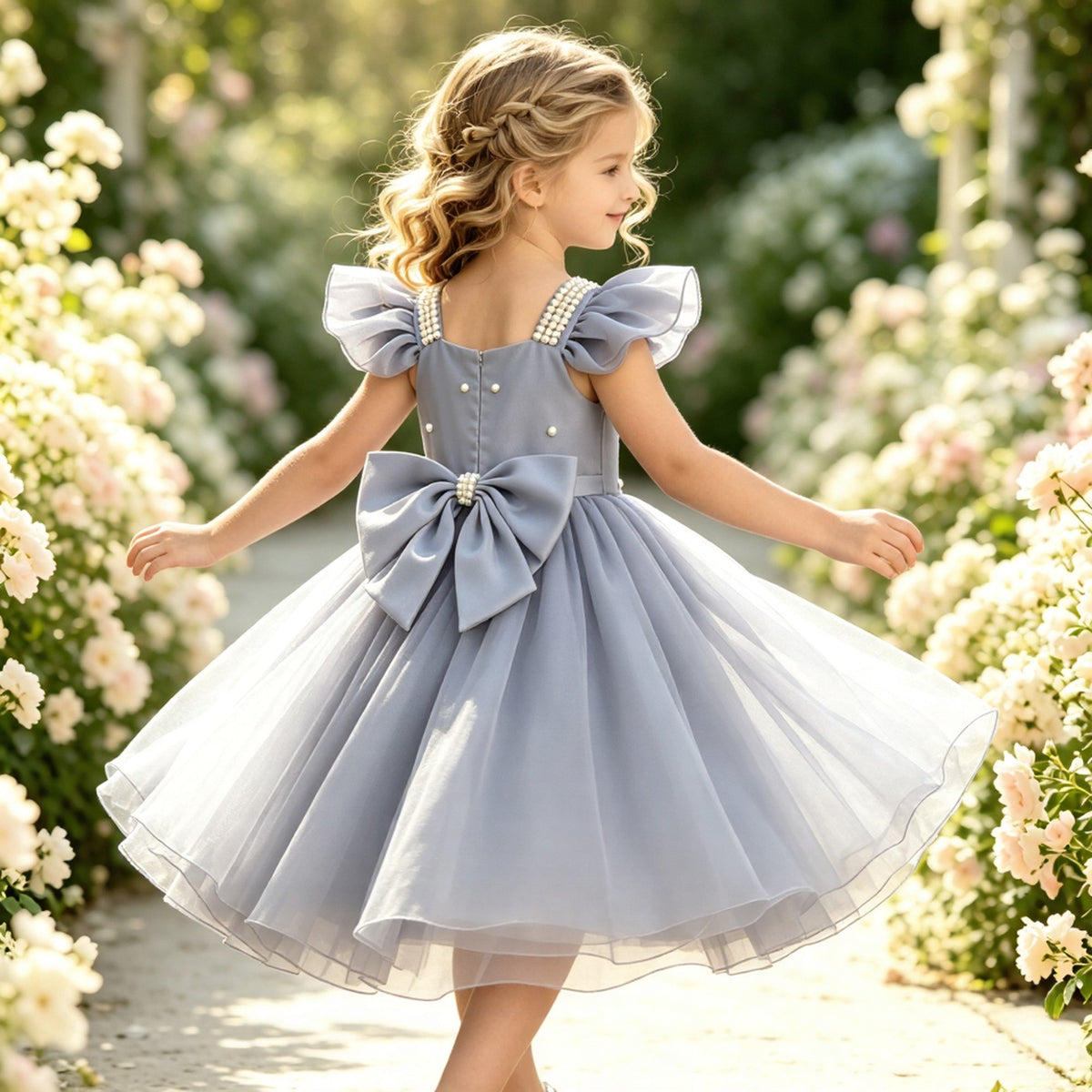 Girls Dusty Blue Satin Tulle Flower Girl Dress Ruffle Sleeve Tea-Length A-Line with Pearl Straps and Back Bow for Wedding