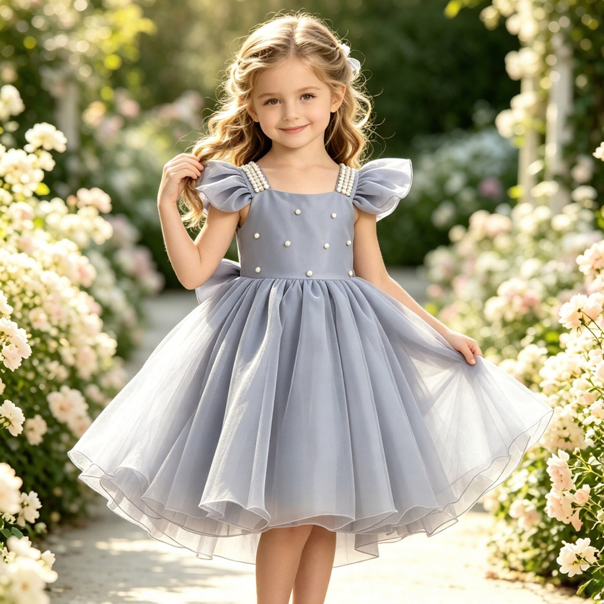 Girls Dusty Blue Satin Tulle Flower Girl Dress Ruffle Sleeve Tea-Length A-Line with Pearl Straps and Back Bow for Wedding