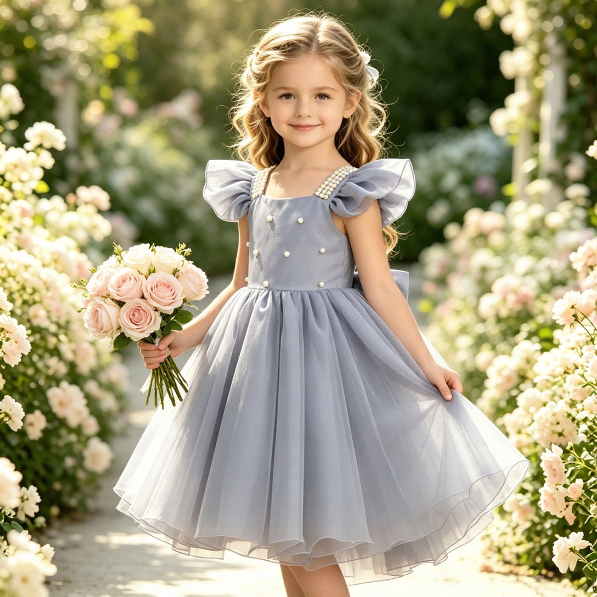Girls Dusty Blue Satin Tulle Flower Girl Dress Ruffle Sleeve Tea-Length A-Line with Pearl Straps and Back Bow for Wedding