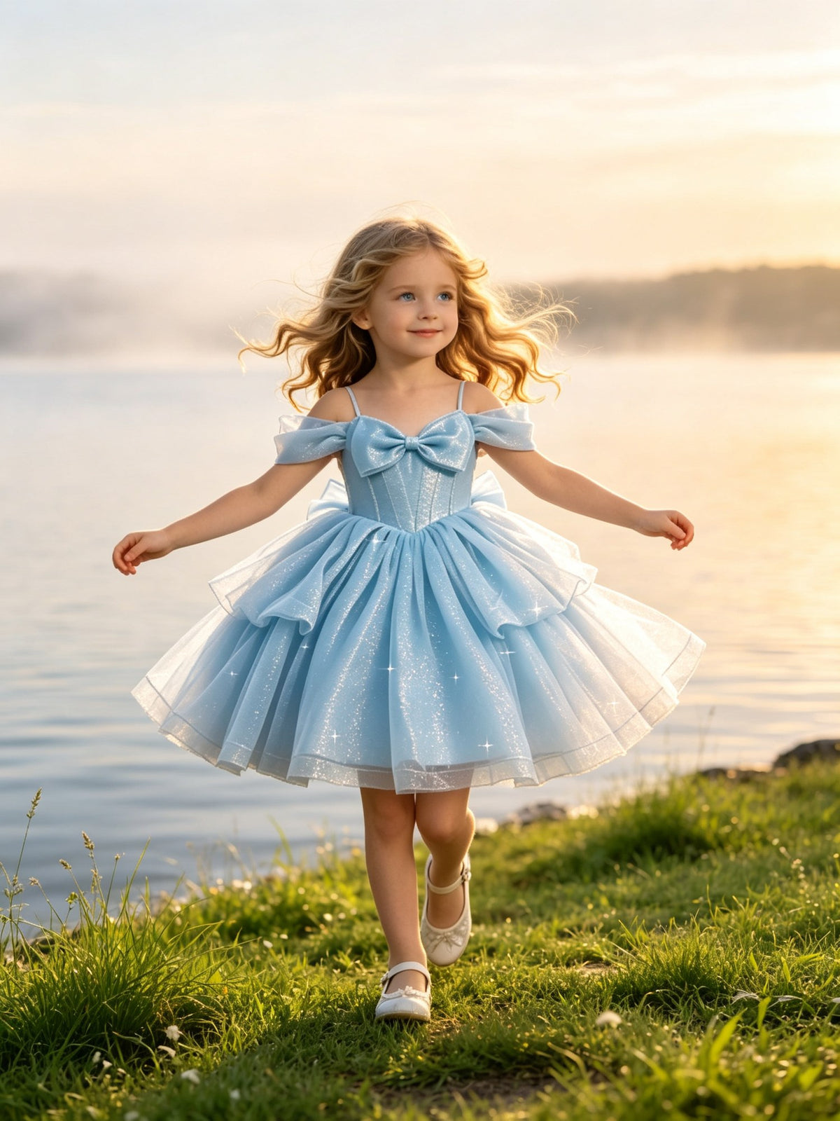 Girls Sky Blue Sparkly Tulle Flower Girl Dress Off-Shoulder Bow Knee-Length Tiered A-Line for Wedding