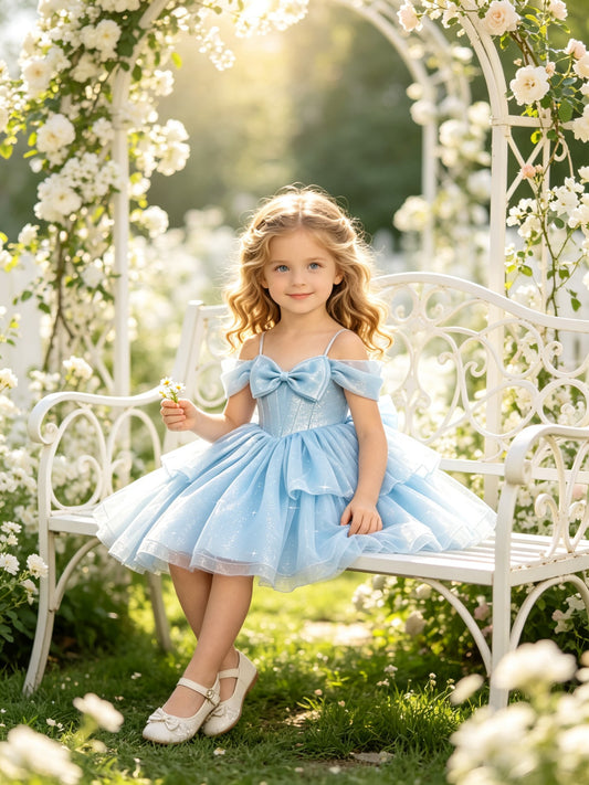 Girls Sky Blue Sparkly Tulle Flower Girl Dress Off-Shoulder Bow Knee-Length Tiered A-Line for Wedding