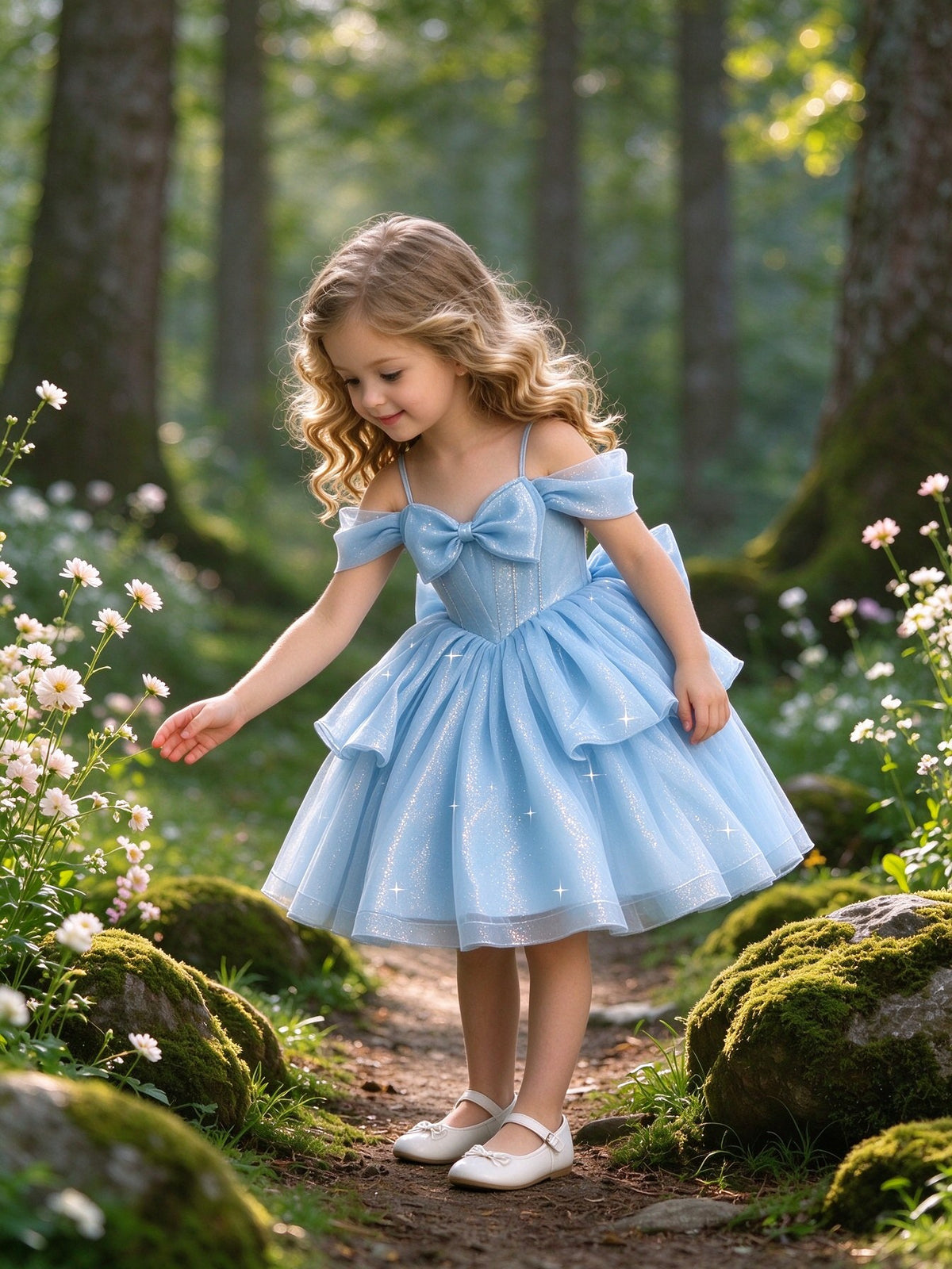 Girls Sky Blue Sparkly Tulle Flower Girl Dress Off-Shoulder Bow Knee-Length Tiered A-Line for Wedding