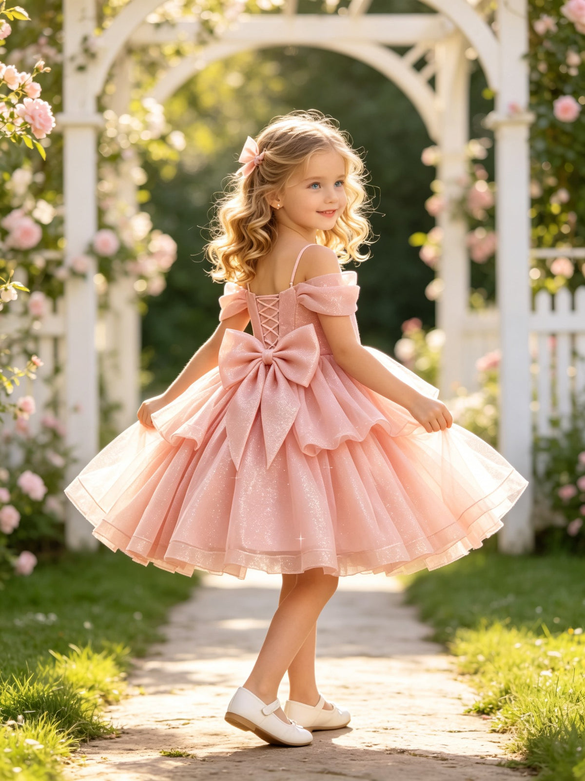Girls Sky Blue Sparkly Tulle Flower Girl Dress Off-Shoulder Bow Knee-Length Tiered A-Line for Wedding