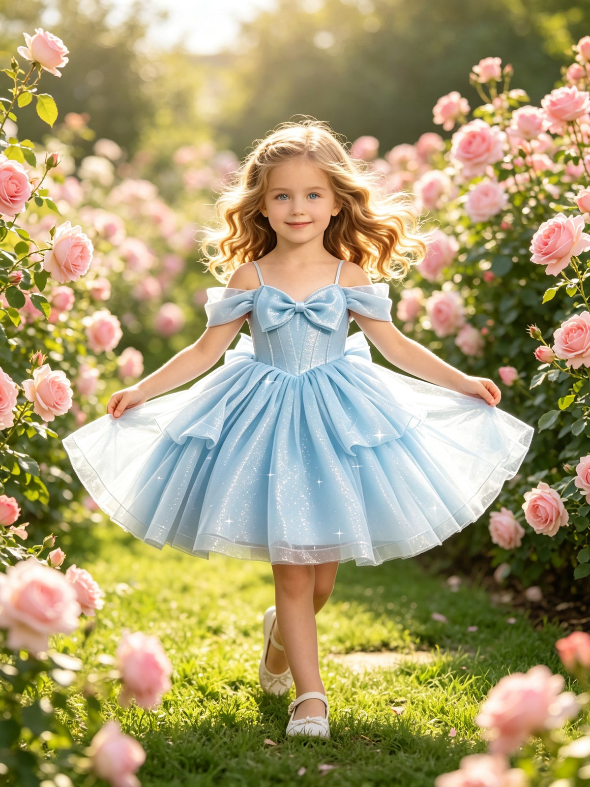 Girls Sky Blue Sparkly Tulle Flower Girl Dress Off-Shoulder Bow Knee-Length Tiered A-Line for Wedding