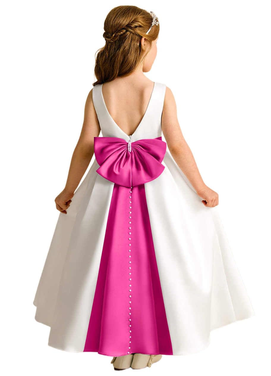 Girls Ivory Satin Flower Girl Dress Sleeveless A-Line Ball Gown with Green Sash for Wedding