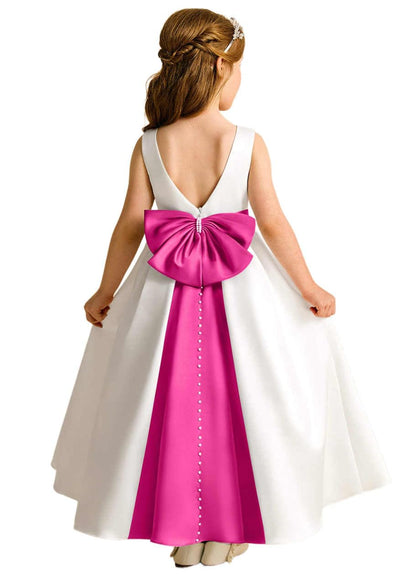Girls Ivory Satin Flower Girl Dress Sleeveless A-Line Ball Gown with Green Sash for Wedding