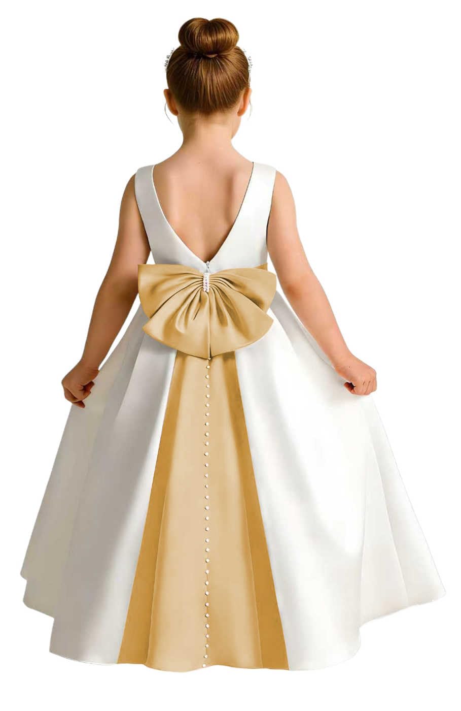 Girls Ivory Satin Flower Girl Dress Sleeveless A-Line Ball Gown with Green Sash for Wedding