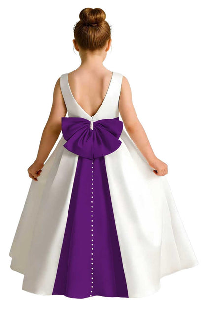 Girls Ivory Satin Flower Girl Dress Sleeveless A-Line Ball Gown with Green Sash for Wedding
