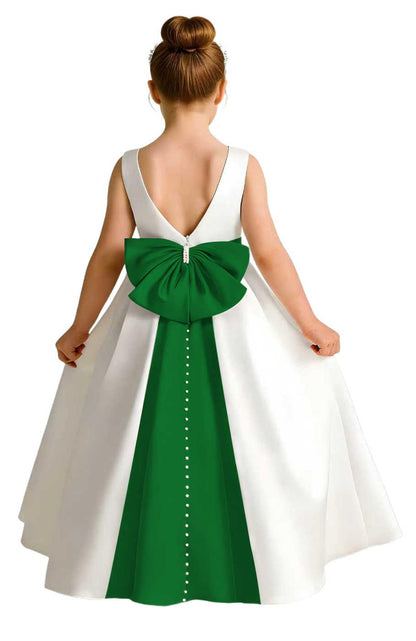 Girls Ivory Satin Flower Girl Dress Sleeveless A-Line Ball Gown with Green Sash for Wedding