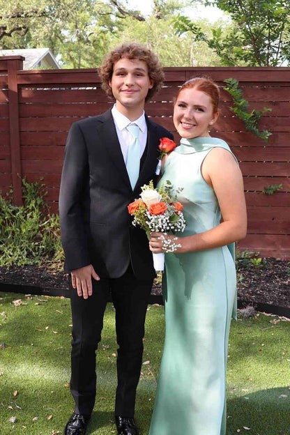 Halter V-cut Back Sheath Sage Green Long Prom Dresses