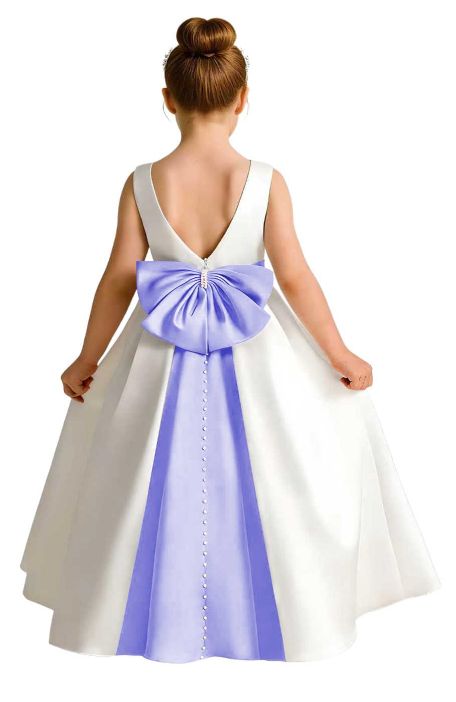 Girls Ivory Satin Flower Girl Dress Sleeveless A-Line Ball Gown with Green Sash for Wedding