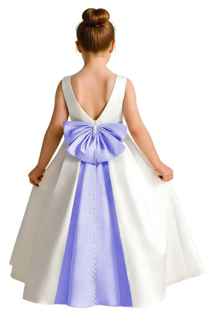 Girls Ivory Satin Flower Girl Dress Sleeveless A-Line Ball Gown with Green Sash for Wedding