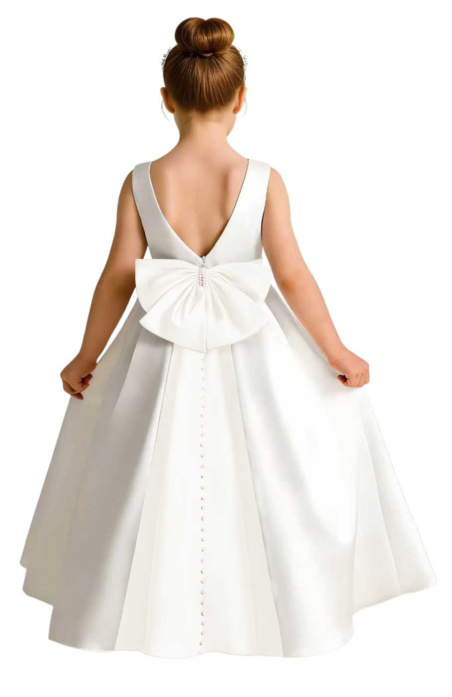 Girls Ivory Satin Flower Girl Dress Sleeveless A-Line Ball Gown with Green Sash for Wedding