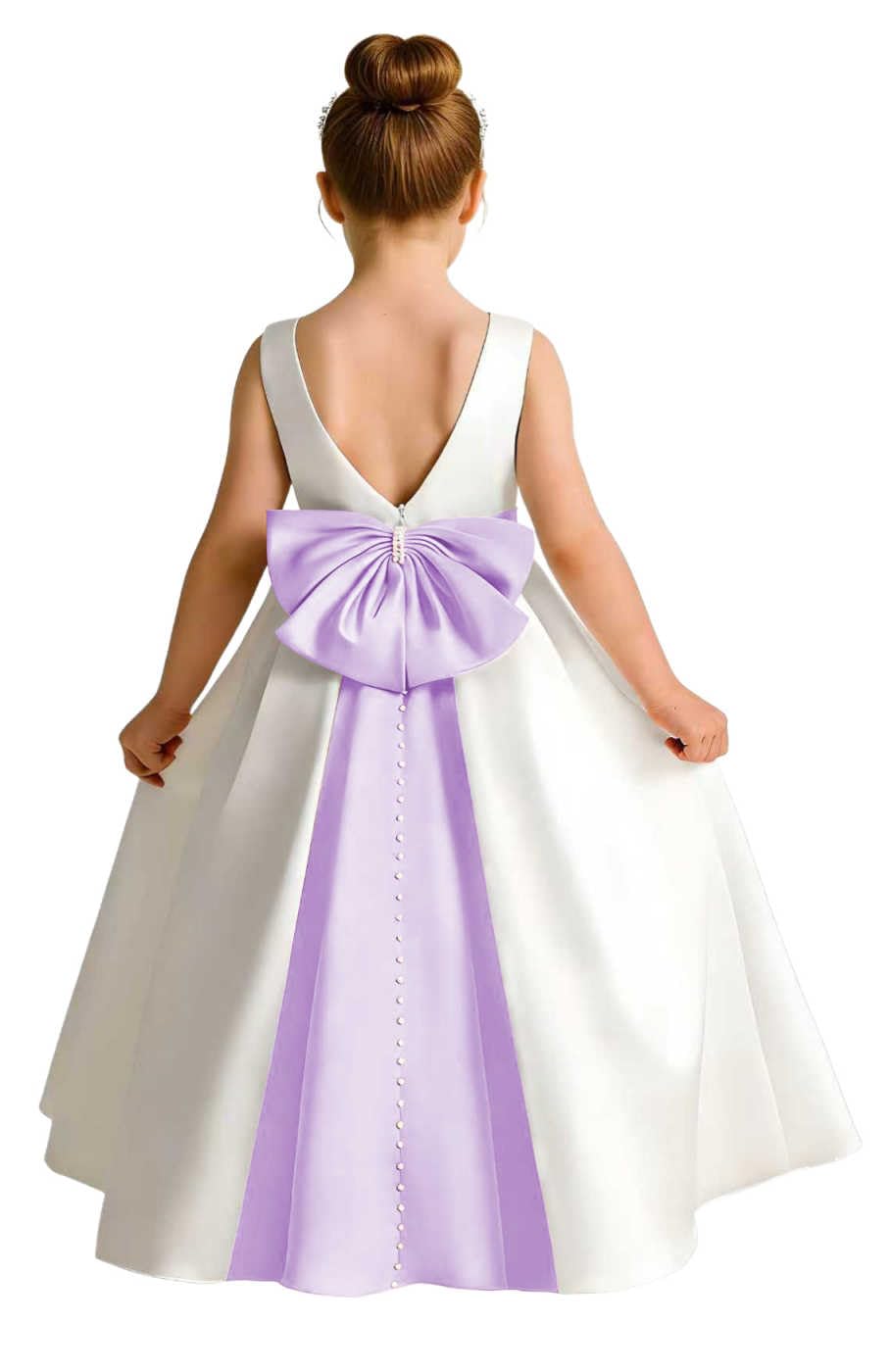 Girls Ivory Satin Flower Girl Dress Sleeveless A-Line Ball Gown with Green Sash for Wedding