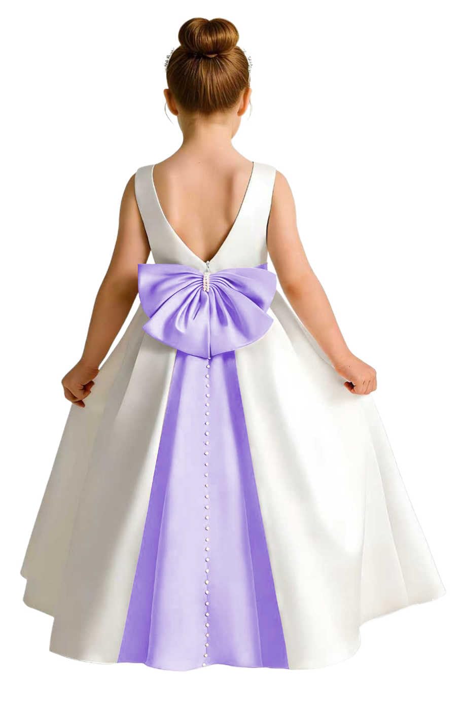 Girls Ivory Satin Flower Girl Dress Sleeveless A-Line Ball Gown with Green Sash for Wedding