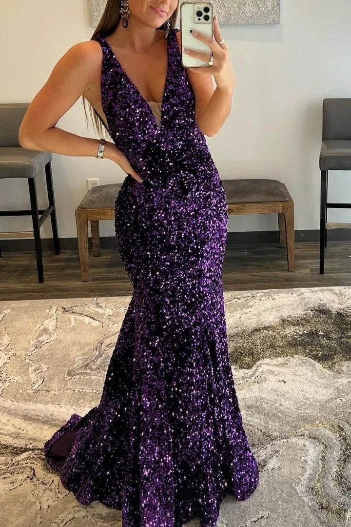 V Neck Long Purple Sequins Prom Dress UK Deep  Mermaid