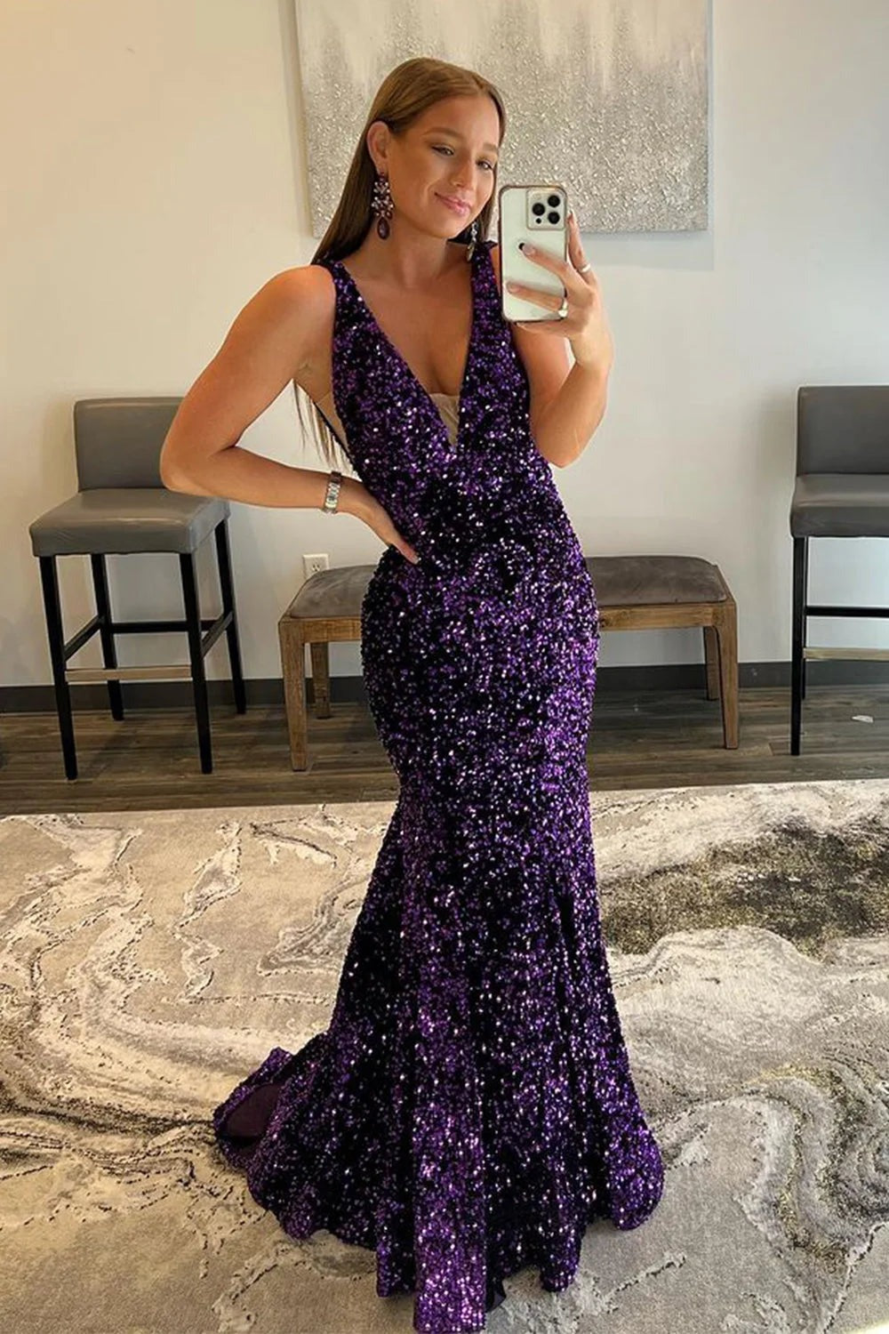 V Neck Long Purple Sequins Prom Dress UK Deep  Mermaid