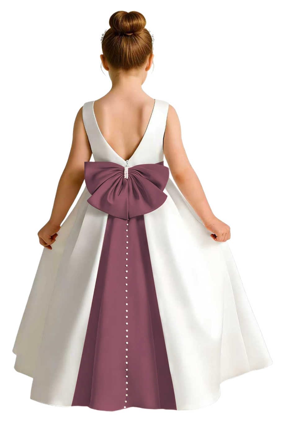 Girls Ivory Satin Flower Girl Dress Sleeveless A-Line Ball Gown with Green Sash for Wedding
