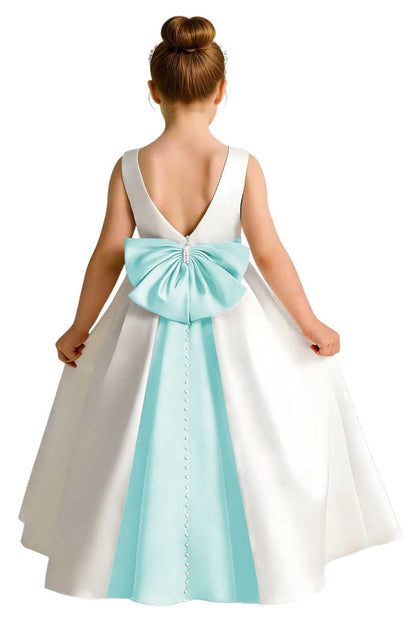 Girls Ivory Satin Flower Girl Dress Sleeveless A-Line Ball Gown with Green Sash for Wedding
