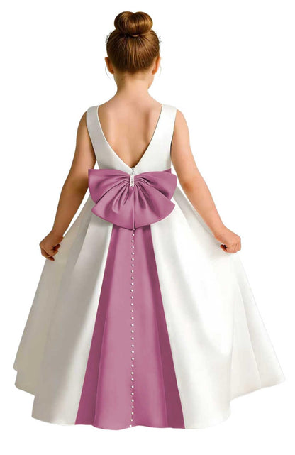 Girls Ivory Satin Flower Girl Dress Sleeveless A-Line Ball Gown with Green Sash for Wedding