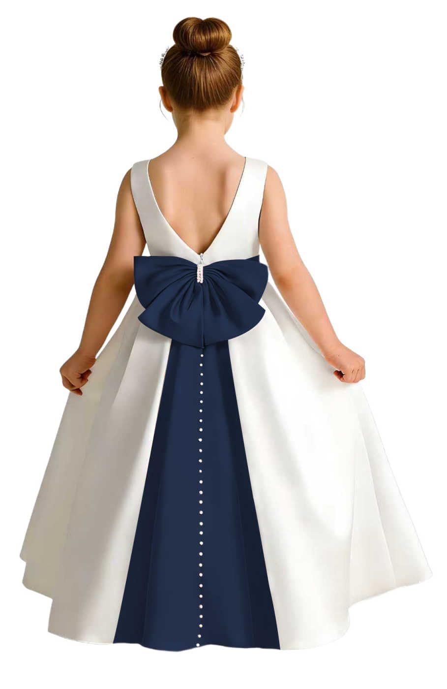 Girls Ivory Satin Flower Girl Dress Sleeveless A-Line Ball Gown with Green Sash for Wedding